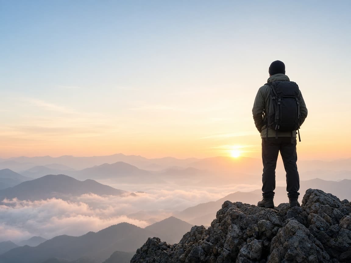 Hiker standing on a mountain summit at sunrise